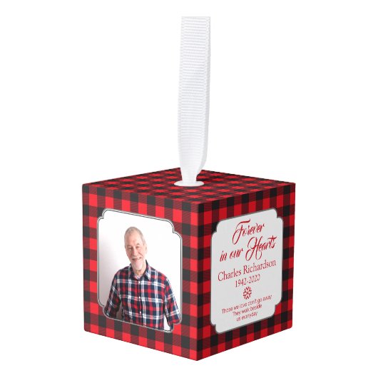 赤黒バッファロープレイド記念写真クリスマス キューブオーナメント (正面アングル)
