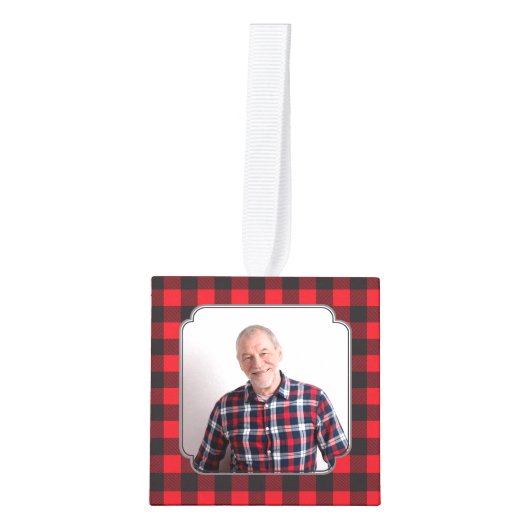 赤黒バッファロープレイド記念写真クリスマス キューブオーナメント (正面)