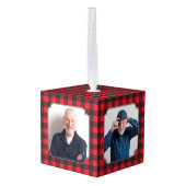 赤黒バッファロープレイド記念写真クリスマス キューブオーナメント (裏面アングル)