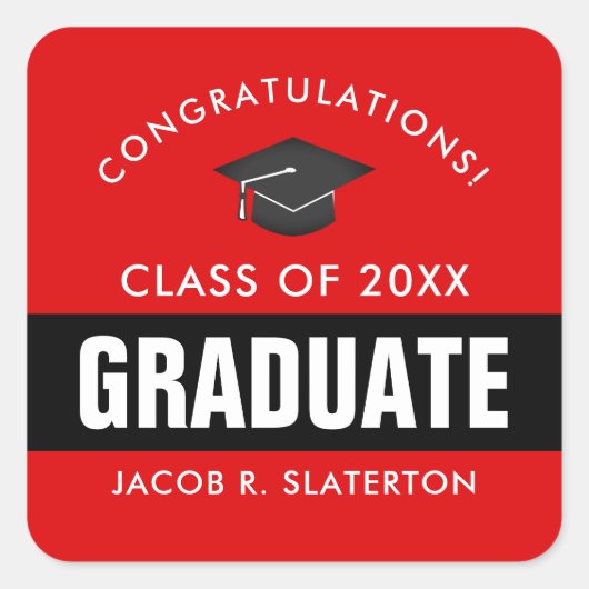 赤黒卒業パーソナライズされた スクエアシール (正面)