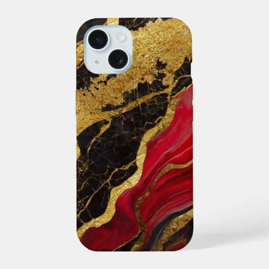 赤黒大理石の金ゴールド iPhone 15ケース (裏面)
