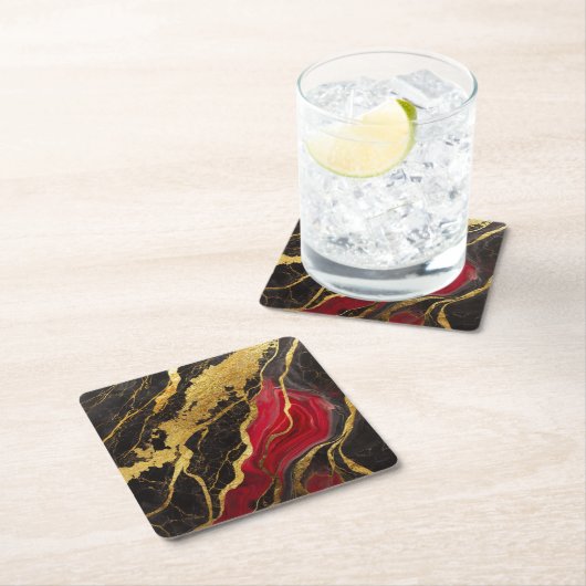 赤黒大理石模様に金 スクエアペーパーコースター (インサイチュ)