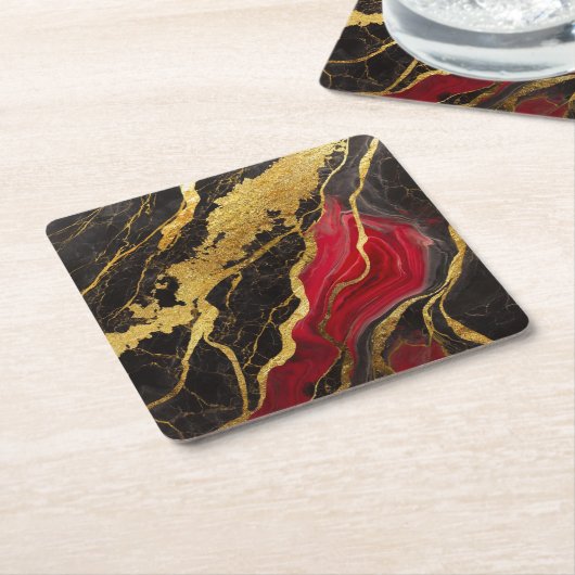赤黒大理石模様に金 スクエアペーパーコースター (アングル)