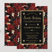 赤黒大理石金ゴールドフローラSweet sixteen 招待状 (正面/裏面)