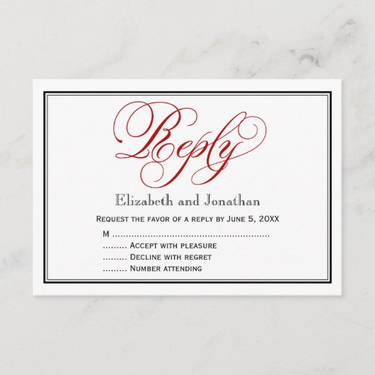 赤黒白のカリグラフィー結婚式返信カード 出欠カード (正面)