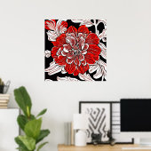 赤黒白アールヌーボー花 ポスター (ホームオフィス)