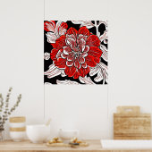 赤黒白アールヌーボー花 ポスター (キッチン)