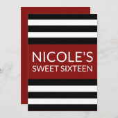 赤黒白ストライプの甘16誕生日 招待状 (正面/裏面)