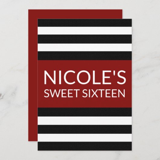 赤黒白ストライプの甘16誕生日 招待状 (正面/裏面)
