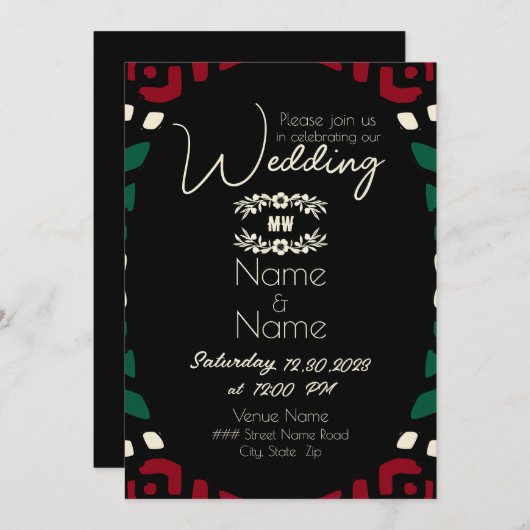 赤黒緑の部族アフリカ結婚の 招待状 (正面/裏面)