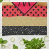 赤黒金ゴールドグリッターブラシストロークモノグラムの キッチンタオル (折り畳み)