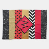 赤黒金ゴールドグリッターブラシストロークモノグラムの キッチンタオル (横)