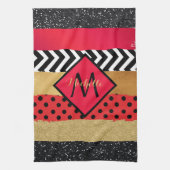 赤黒金ゴールドグリッターブラシストロークモノグラムの キッチンタオル (縦)