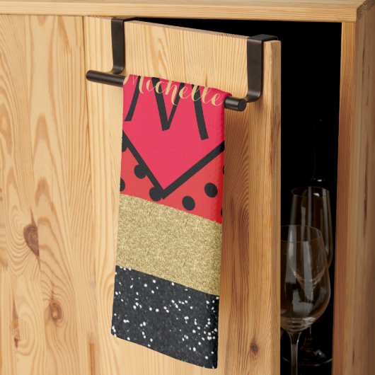 赤黒金ゴールドグリッターブラシストロークモノグラムの キッチンタオル (三つ折り)