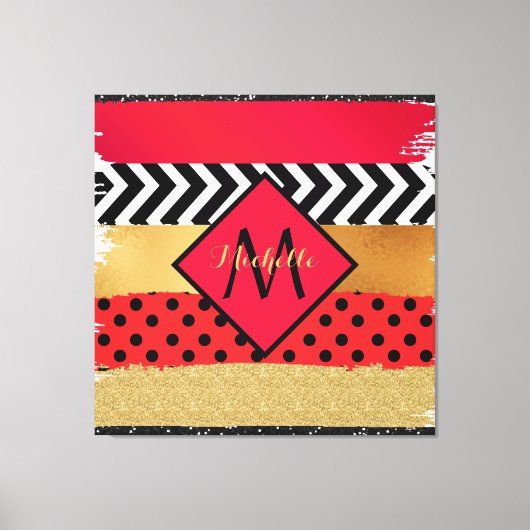 赤黒金ゴールドグリッターブラシストロークモノグラムの キャンバスプリント (正面)