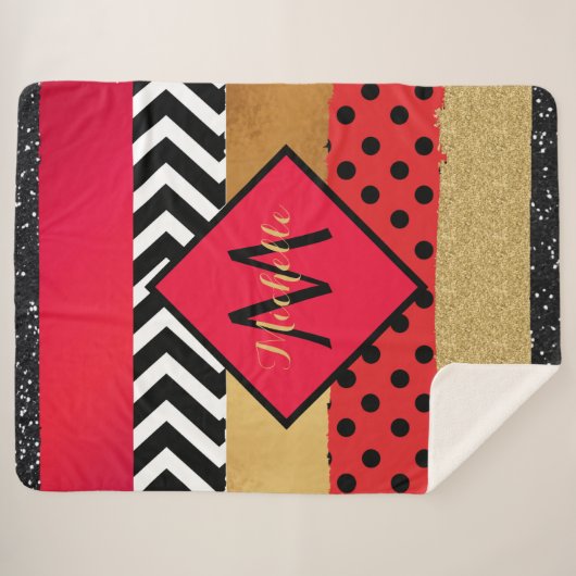 赤黒金ゴールドグリッターブラシストロークモノグラムの シェルパブランケット (正面(横))