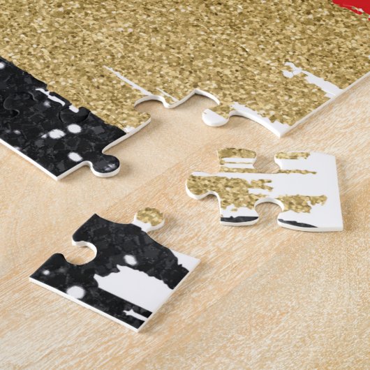 赤黒金ゴールドグリッターブラシストロークモノグラムの ジグソーパズル (側面)