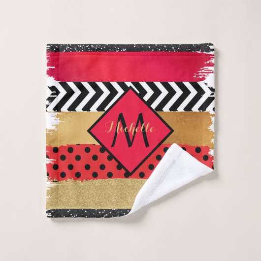 赤黒金ゴールドグリッターブラシストロークモノグラムの バスタオルセット (ウォッシュタオル)