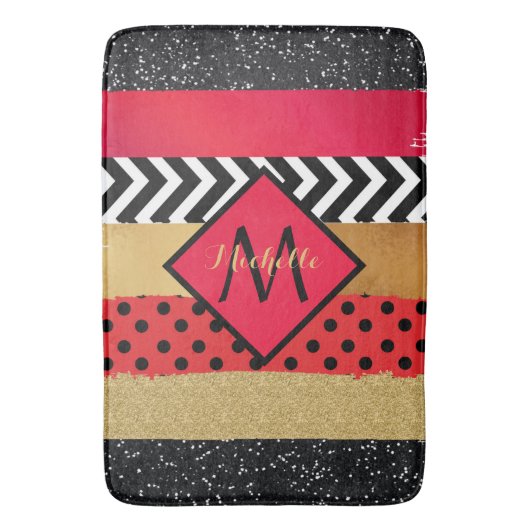 赤黒金ゴールドグリッターブラシストロークモノグラムの バスマット (正面縦)