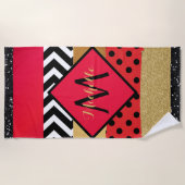 赤黒金ゴールドグリッターブラシストロークモノグラムの ビーチタオル (正面)