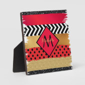 赤黒金ゴールドグリッターブラシストロークモノグラムの フォトプラーク (正面)