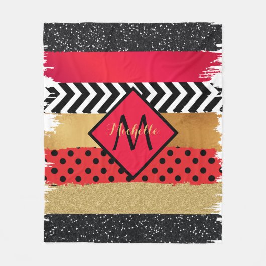 赤黒金ゴールドグリッターブラシストロークモノグラムの フリースブランケット (正面)