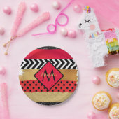 赤黒金ゴールドグリッターブラシストロークモノグラムの ペーパープレート (パーティー)