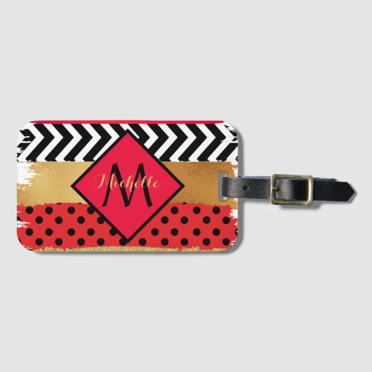 赤黒金ゴールドグリッターブラシストロークモノグラムの ラゲッジタグ (正面横)