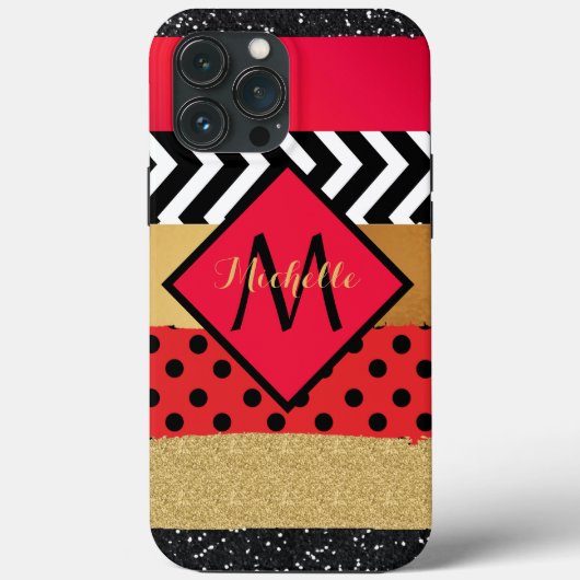 赤黒金ゴールドグリッターブラシストロークモノグラムの Case-Mate iPhoneケース (裏面)