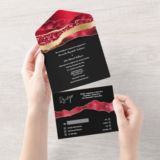 赤黒金ゴールド大理石灰エレガント婚約 オールインワン招待状 (貼ってはがせる)