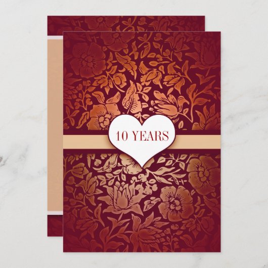 赤10年結婚記念ダマスク 招待状 (正面/裏面)