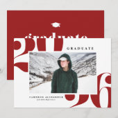 赤2025はっきりしたタイポグラフィ写真卒業 案内状 (正面/裏面)