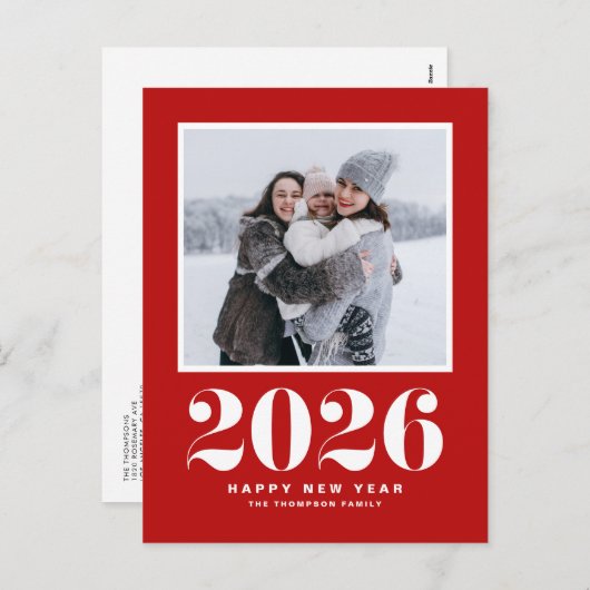 赤2025はっきりしたタイポグラフィ新年写真 シーズンポストカード (正面/裏面)