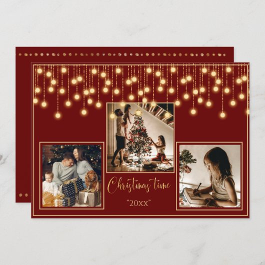 赤3枚の写真クリスマスタイム金ゴールド シーズンカード (正面/裏面)