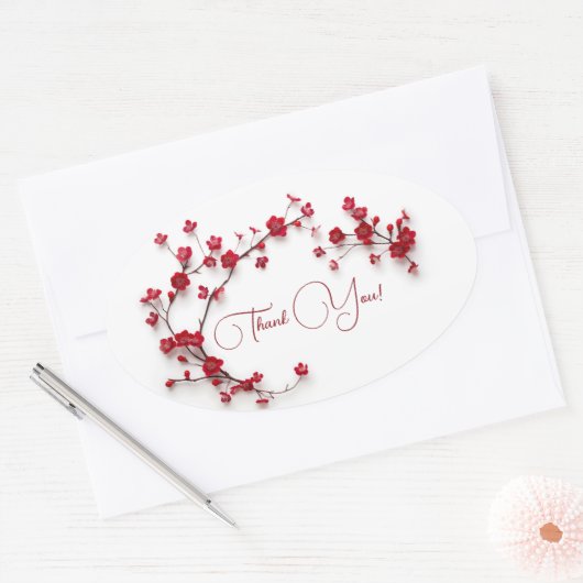 赤3Dさくらんぼ花咲き白感謝 楕円形シール (封筒)