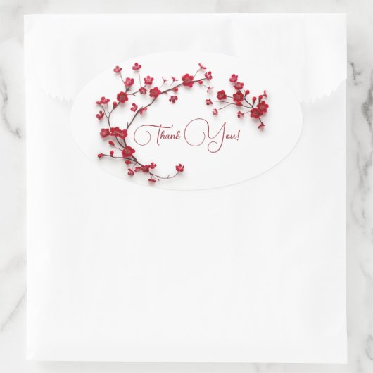 赤3Dさくらんぼ花咲き白感謝 楕円形シール (バッグ)