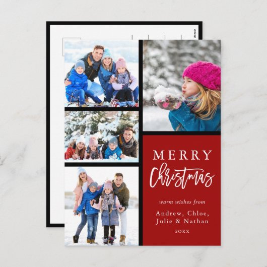 赤4フォトコラージュモダンメリークリスマス シーズンポストカード (正面/裏面)