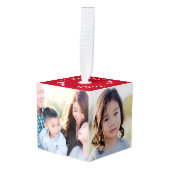 赤4枚モダン写真スノーフレーククリスマス キューブオーナメント (正面アングル)