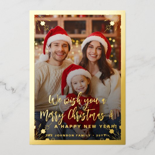 赤5枚モダンの写真コラージュMerry Christmas 箔シーズンカード (正面)