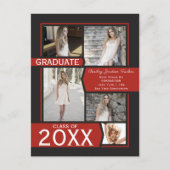 赤5枚写真コラージュ卒業おめでとうカード ポストカード (正面)