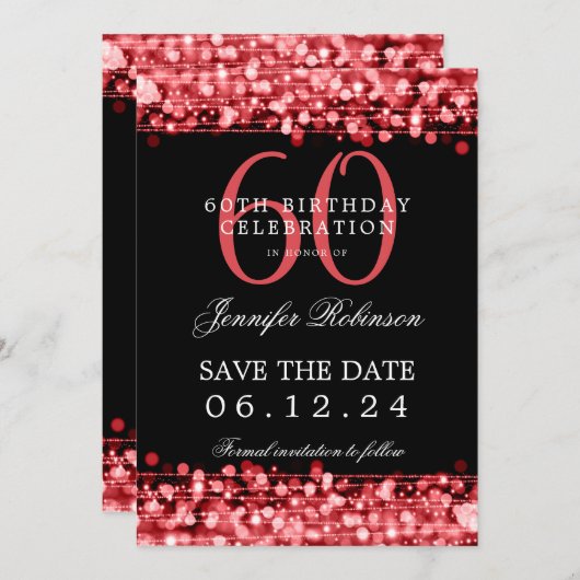 赤60誕生日日付を保存(詳細付き) 招待状 (正面/裏面)
