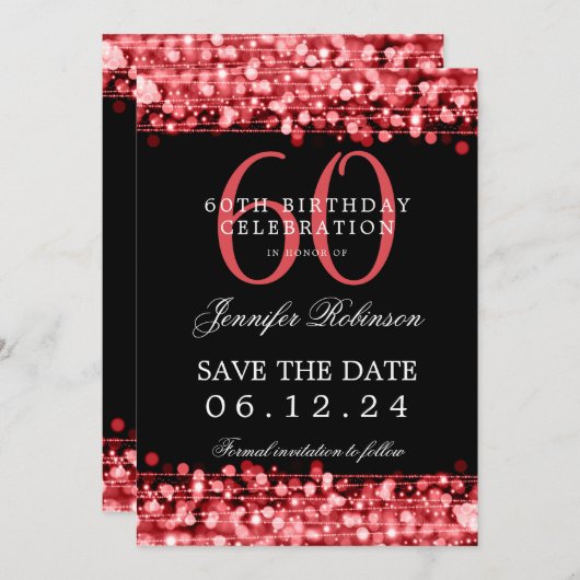 赤60th誕生日パーティー日付を保存 招待状 (正面/裏面)