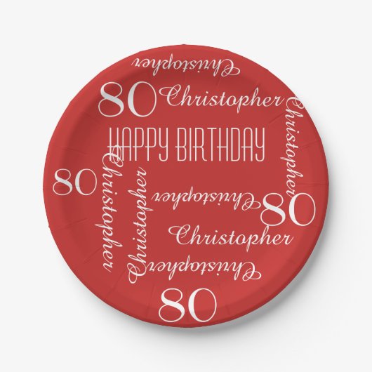 赤80歳の誕生日パーティーの繰り返し名 ペーパープレート (正面)
