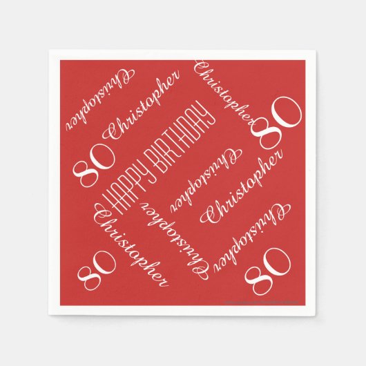 赤80thバースデーパーティーの繰り返し名前，紙 スタンダードカクテルナプキン (正面)