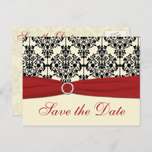 赤、アイボリー、および黒の日付はがきを保存 案内ポストカード (正面/裏面)