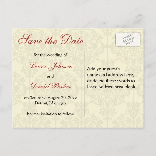 赤、アイボリー、および黒の日付はがきを保存 案内ポストカード (裏面)