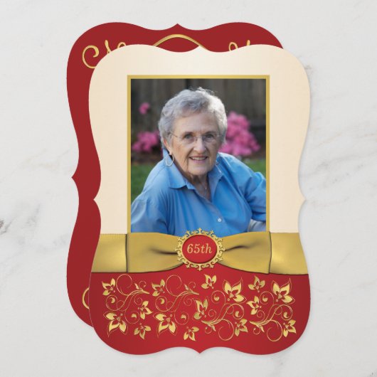 赤、アイボリー、金ゴールド65thフォト誕生日招待状2 招待状 (正面/裏面)