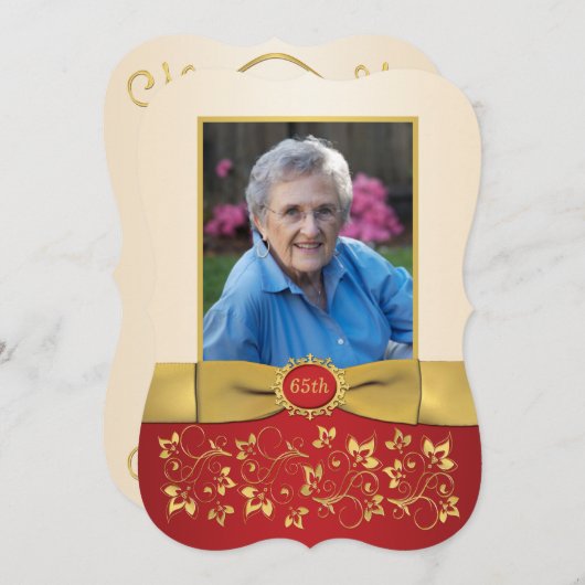 赤、アイボリー、金ゴールド65thフォト誕生日招待状 招待状 (正面/裏面)