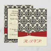 赤、アイボリー、黒のDamask RSVPカード (正面/裏面)