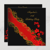 赤 アジアン ブラック フラワー ゴールド 誕生日パーティー 招待状 (正面/裏面)